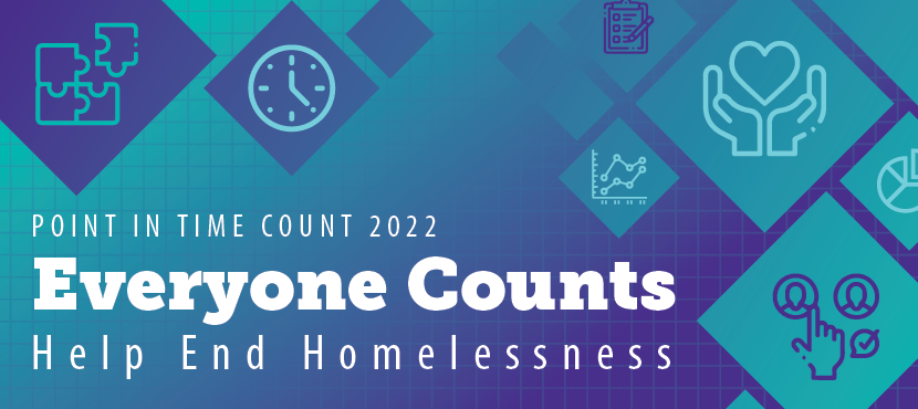 Blue Image with the words Point in Time Count 2022 Everyone Counts Help End Homelessness with two hands around a graphic heart 